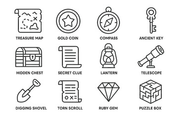 Fototapeta premium Adventure icons set with treasure map, compass, key, and more in black and white