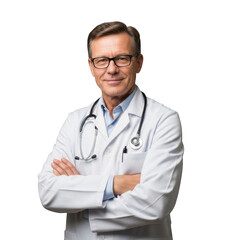 Professional mature male doctor wearing white lab coat and stethoscope with arms crossed smiling confidently isolated on transparent background