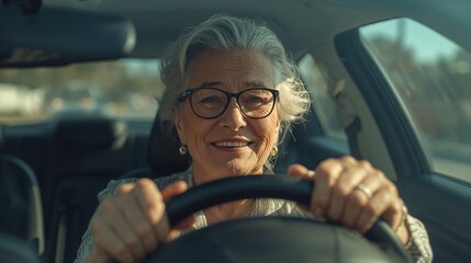 Smiling elderly woman driving car 