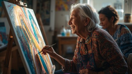 Elderly woman painting with joy in art studio