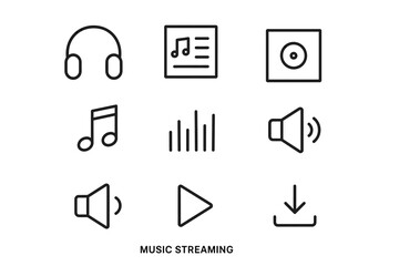 Music streaming icons set: headphones, notes, speakers, play button, download symbol