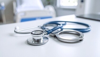 Handcuffs intertwined with stethoscope on white surface, symbolic juxtaposition of law and medicine