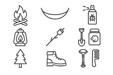 Camping essentials: icon set including campfire, hammock, lantern, insect spray, marshmallow, shovel, jar, tree, boot, compass, and comb