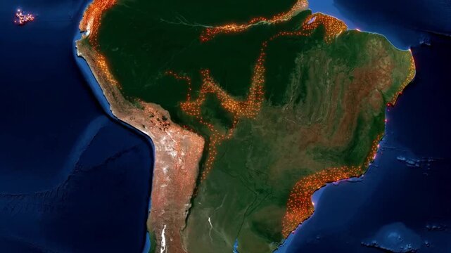 South America map with highlighted fires