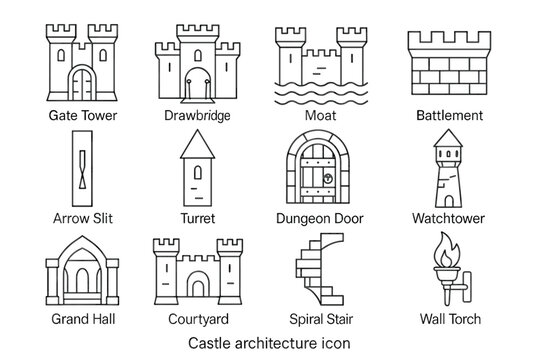 Castle architecture icons: gate, drawbridge, moat, battlement, turret