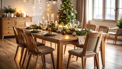 Fototapeta premium Cozy holiday dining room with festive table setting, candles, and Christmas tree