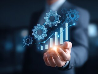 Automation and Data Analytics for Business Productivity. Businessman holding digital gears and rising financial charts, symbolizing data analytics, business growth, and system performance improvement