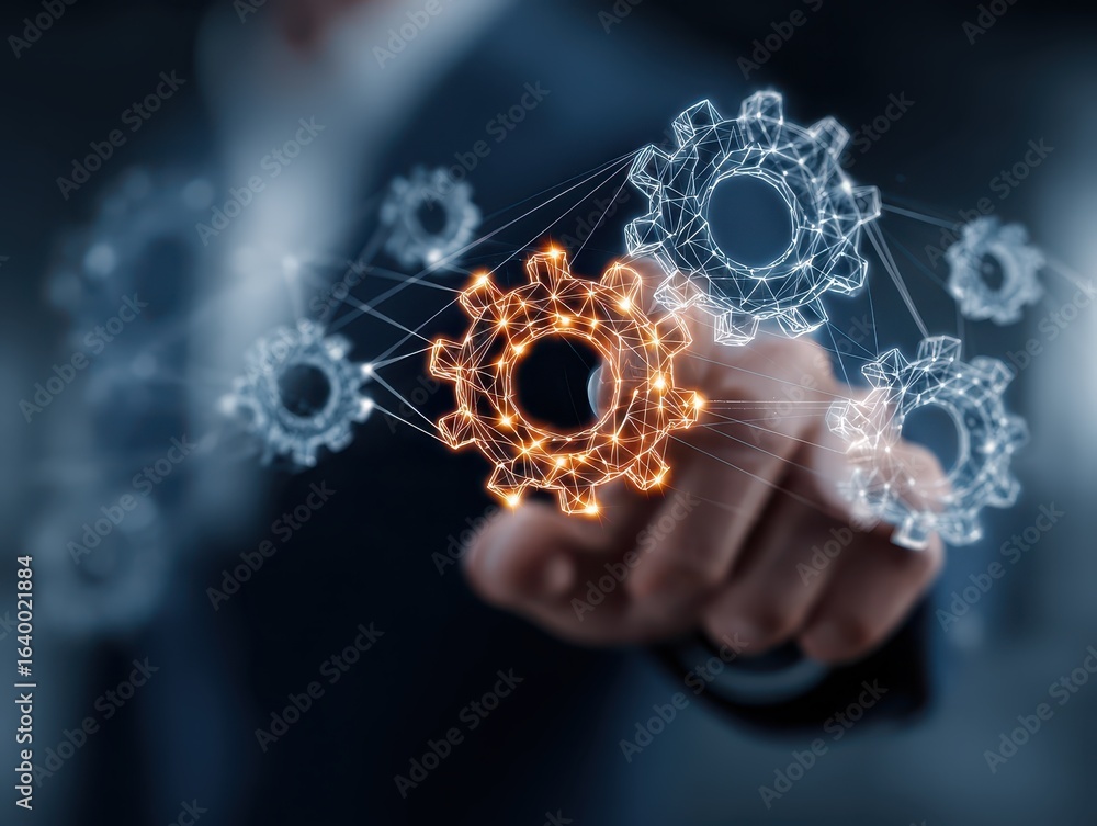 Aufkleber automation of business processes by network technology. businessperson, gears icon and network struc
