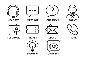 Fototapeta premium Customer service icons: headset, email, phone, chat bot, solution