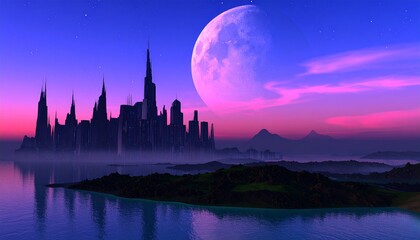Fototapeta premium Futuristic Cityscape at Sunset, Giant Pink Moon