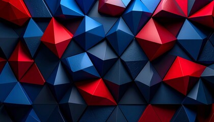 3D abstract geometric pattern with overlapping blue and red triangles.