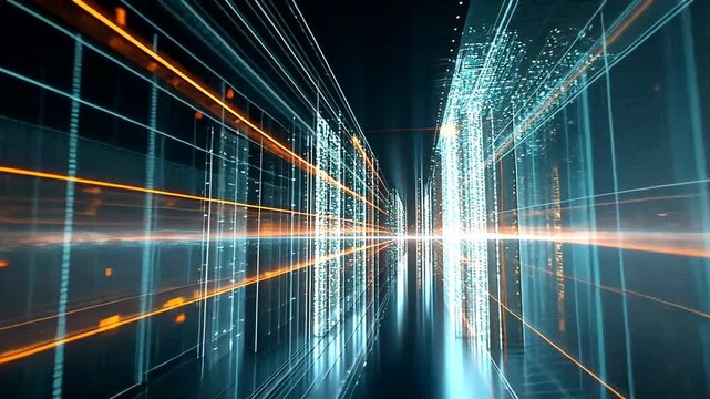 Abstract Digital Cityscape with Data Flowing Through Network Connections Animation