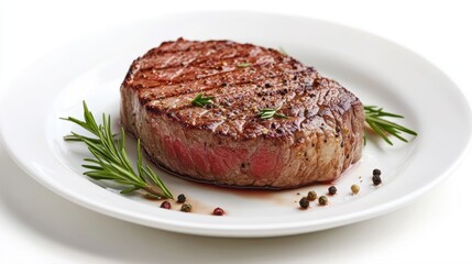 Juicy grilled steak garnished with fresh herbs served on a white plate