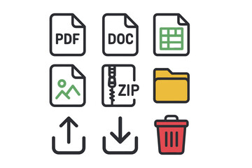 Set of file type icons for pdf doc zip and more with upload download features