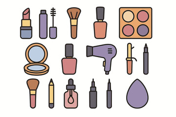 Fototapeta premium Assorted makeup tools and beauty products set with accessories icons