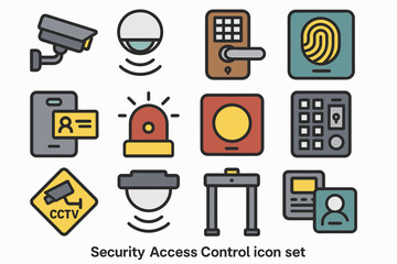 Comprehensive security access control icon set featuring cctv, biometric, and alarm symbols