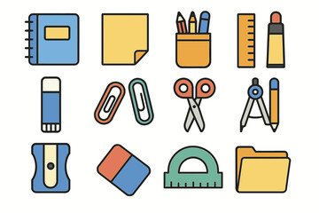 Collection of colorful stationery items including notebook, scissors, ruler, and more