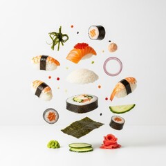 Assorted sushi pieces floating isolated on white background