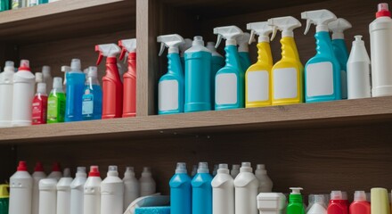 Two shelves displaying various colored cleaning supplies, including spray bottles and bottles, on a wooden shelf.