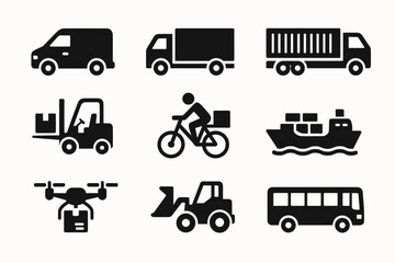 Various transportation icons: van, truck, forklift, bicycle, cargo ship, drone, tractor, bus