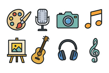 Fototapeta premium Creative arts elements: palette, microphone, camera, music note, easel, guitar, headphones, treble clef