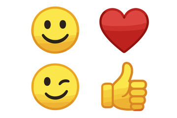 Smiley faces, heart, and thumbs up emojis on white background