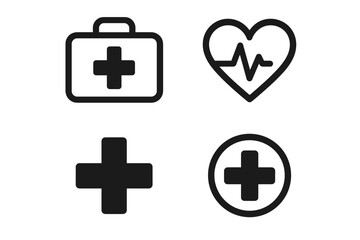 Obraz premium Medical icons: first aid kit, heartbeat, cross, healthcare symbols