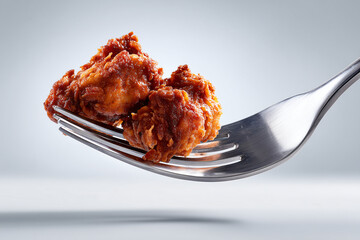 A close-up shot of delicious, golden-brown fried chicken on a fork, showcasing its crispy texture. This image is perfect for any food-related project.