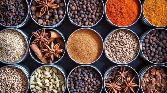 Array of various spices in metal containers.