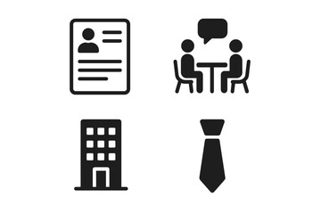 Business icons: resume, conversation, building, necktie in simple black design
