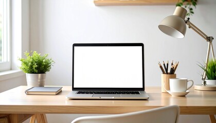 Minimalist wooden desk workspace with laptop, coffee cup, books, and potted plants.