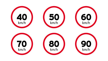 Speed limit road icon clipart set. Highway traffic speed limit warning maximum km per hour for safety driving regulation symbol. red circular speed limit road signs 40 50 60 70 80 90 kmh vector illust