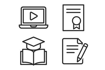 Online education icons: laptop, certificate, graduation cap, writing pad
