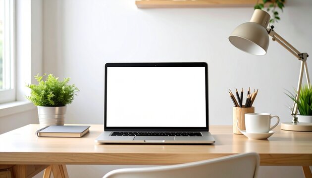 Minimalist wooden desk workspace with laptop, coffee cup, books, and potted plants.