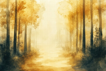 Fototapeta premium Golden Autumn Forest Path Painted in Warm Watercolor Style.
