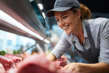 Smiling woman working at a butcher shop