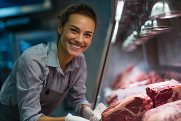 A smiling butcher posing next to cuts of raw meat. The butcher exudes professionalism and friendliness while showcasing the quality of the meat.