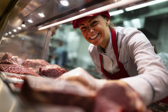 Smiling butcher arranging fresh meat at the shop display. This image captures the essence of a professional butcher at work in a meat shop setting