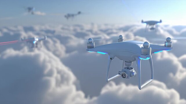 Drone Fleet Soaring Above the Clouds Full of Technology