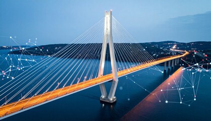 Obraz premium Night Aerial View Illuminated Cable-Stay Bridge Network