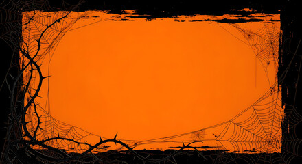 An orange halloween background with a black border of spiderwebs and thorny vines for text overlay