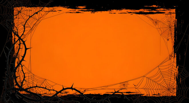 An orange halloween background with a black border of spiderwebs and thorny vines for text overlay