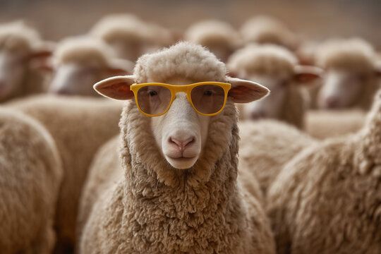 A sheep wearing glasses in the crowd