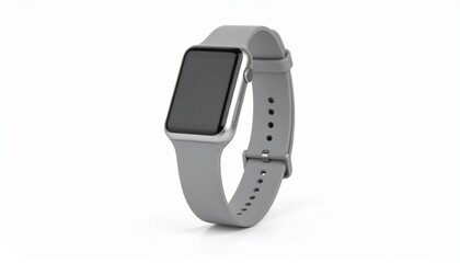 Smartwatch with gray band and inactive rectangular screen on white background.