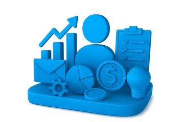 Business and Financial Strategy Icons – Isolated 3D Illustration on Transparent Background Featuring Bar Graph, Person Icon, Clipboard with Checkmarks, Envelope, Pie Chart, Dollar Sign, Gear