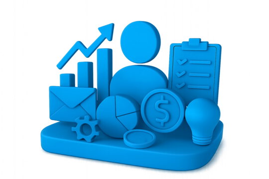 Business and Financial Strategy Icons – Isolated 3D Illustration on Transparent Background Featuring Bar Graph, Person Icon, Clipboard with Checkmarks, Envelope, Pie Chart, Dollar Sign, Gear