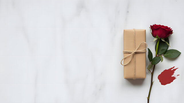 Gift of the Heart: A single, perfect red rose alongside a neatly wrapped gift box, conveying sentiments of love, care, and thoughtfulness.