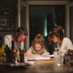 Fototapeta premium Parents Helping Child with Homework at Dining Table with White Space