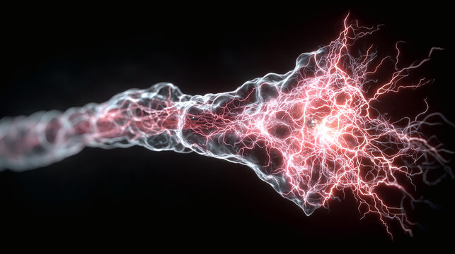 Ilustraci&oacute;n 3D de neurona humana con impulsos el&eacute;ctricos