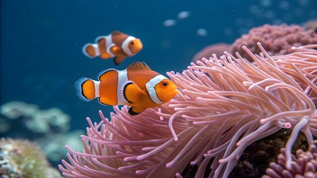Two vibrant orange clownfish swim gracefully among soft pink sea anemones in a coral reef